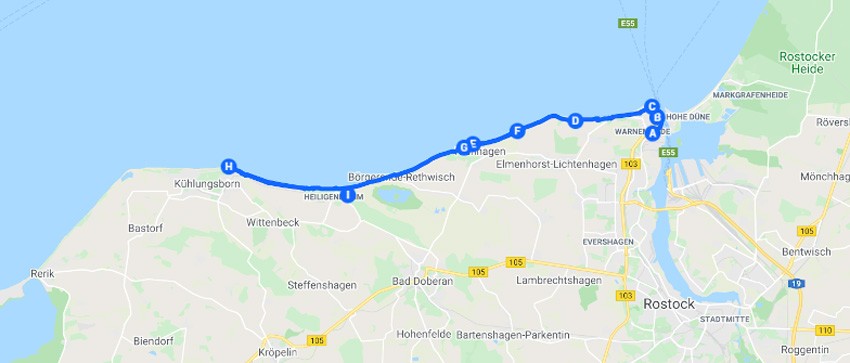 Karte: Ihre Tour von Warnemünde nach Heiligendamm