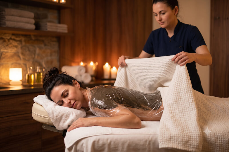 Das Bild zeigt eine Frau bei der Massageliege, die gerade eine warme Packung im Spa Hotel Warnemünder Hof erhält.